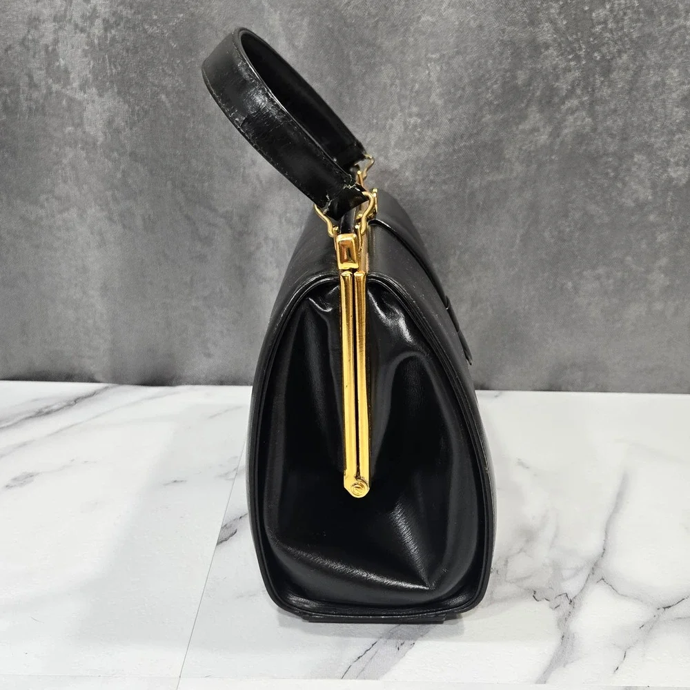 VTg 50s 60s Black Leather Kelly Frame Handbag Top Handle Purse Canada Mad Men
